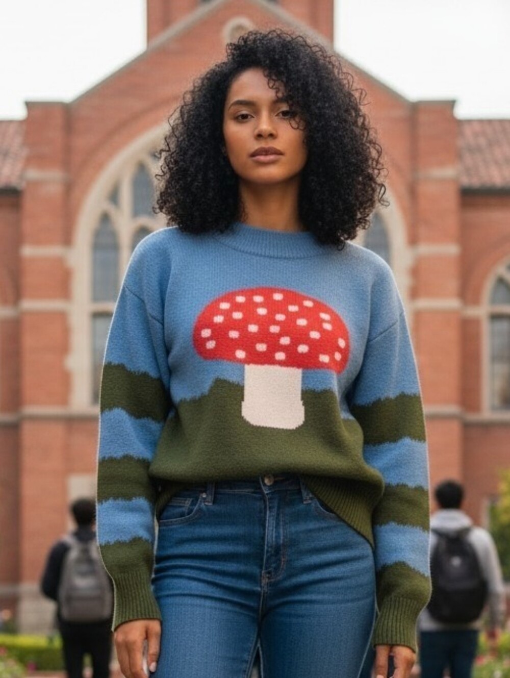 ZARA Women's Mushroom Toadstool Blue Green Striped Knit Sweater 